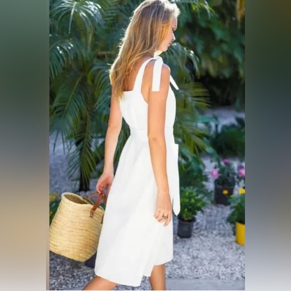 Emerson Fry Izzy Linen Lined Midi Dress w/ Bow Straps and Pockets in Salt/White - Picture 2 of 8